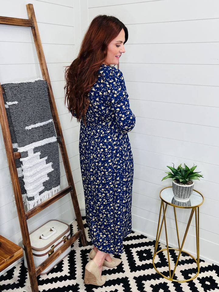 Navy Faux Wrap Flounce Sleeve Floral Midi Dress