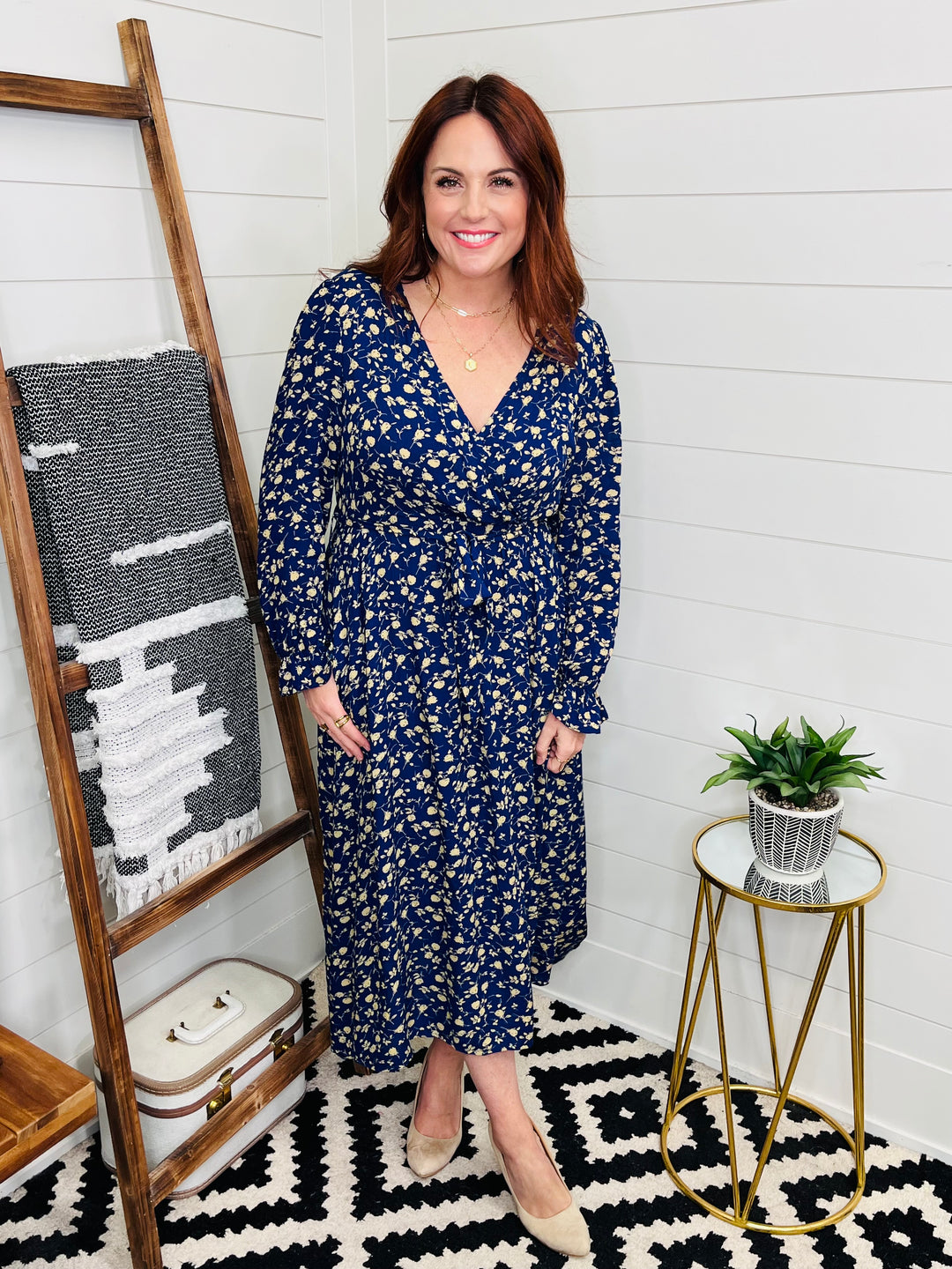 Navy Faux Wrap Flounce Sleeve Floral Midi Dress LoveLindsey Navy Faux Wrap Flounce Sleeve Floral Midi Dress LoveLindsey