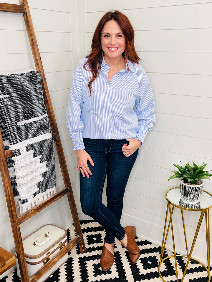 All Business Striped Lantern Sleeve Collared Shirt : 2 Colors