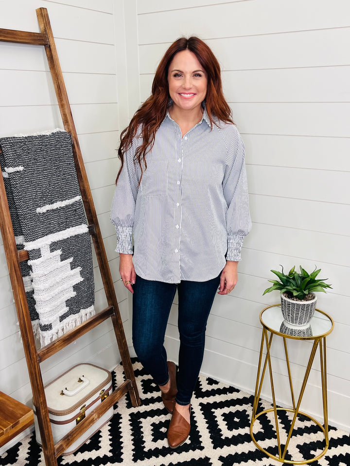 All Business Striped Lantern Sleeve Collared Shirt : 2 Colors