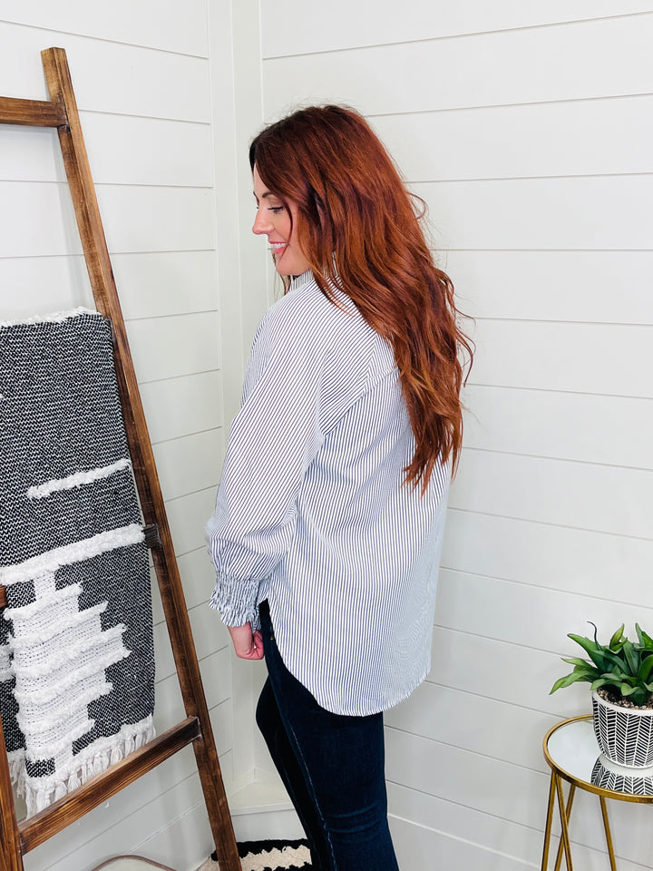 All Business Striped Lantern Sleeve Collared Shirt : 2 Colors