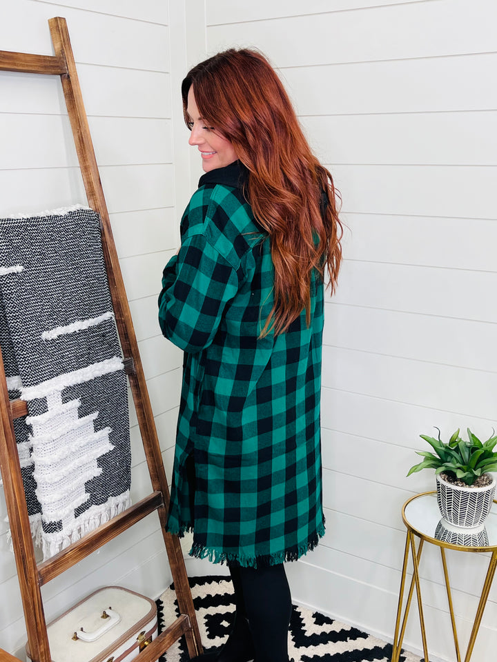 Risen Green Plaid Hooded Longline Shacket w/ pockets