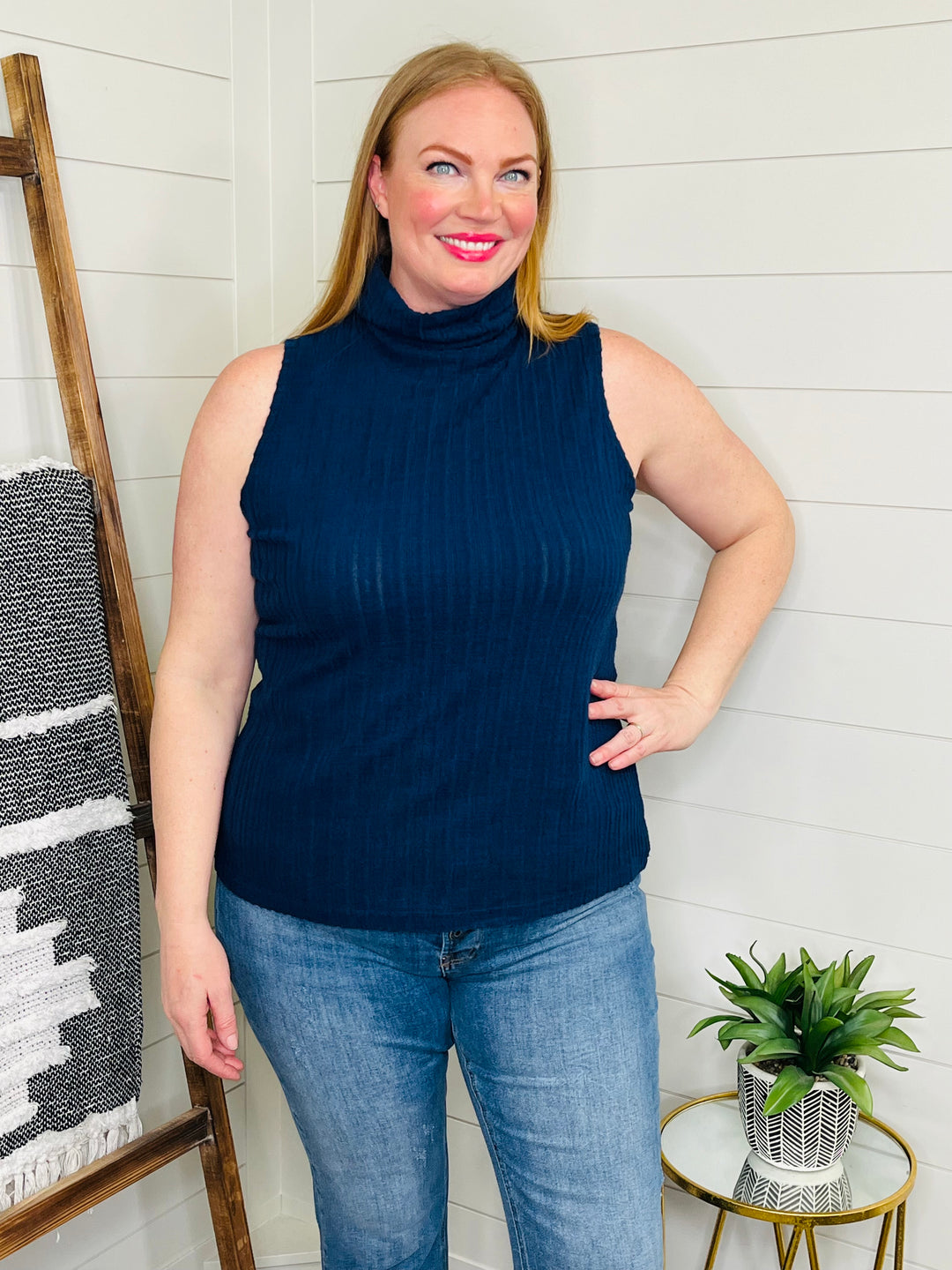 Navy Ribbed Turtleneck Tank