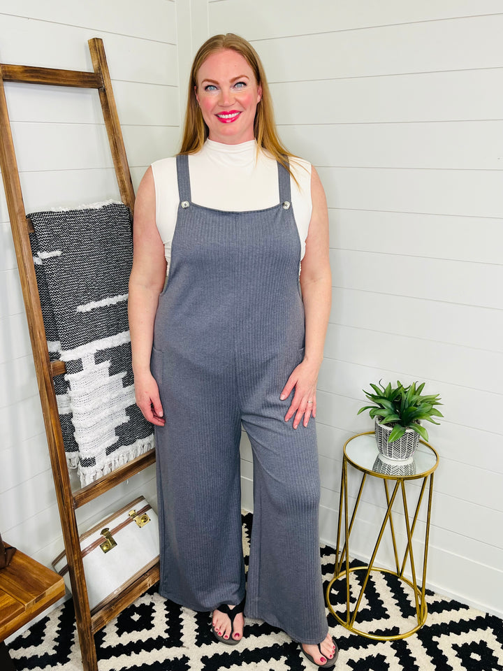 Ribbed Wide Leg Overalls with Pockets