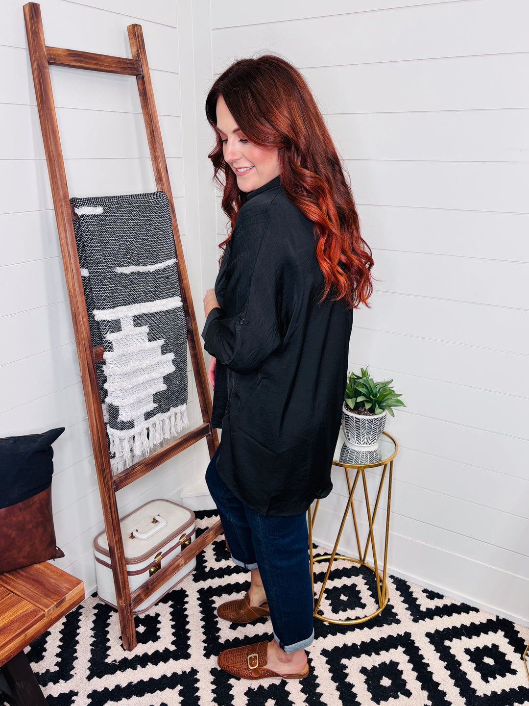 Black Satin Tunic Button Up