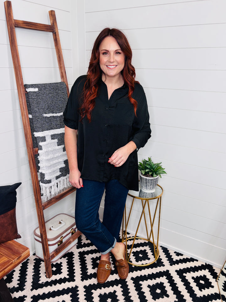 Black Satin Tunic Button Up