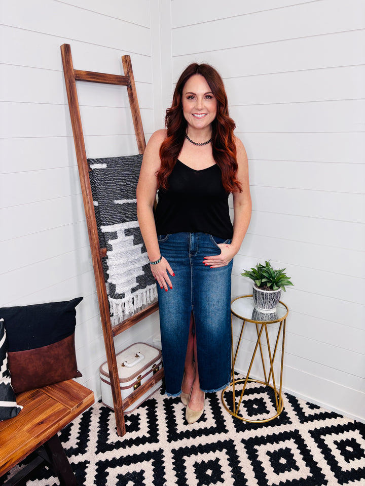 RISEN Lizzy Long Denim Front Slit Skirt