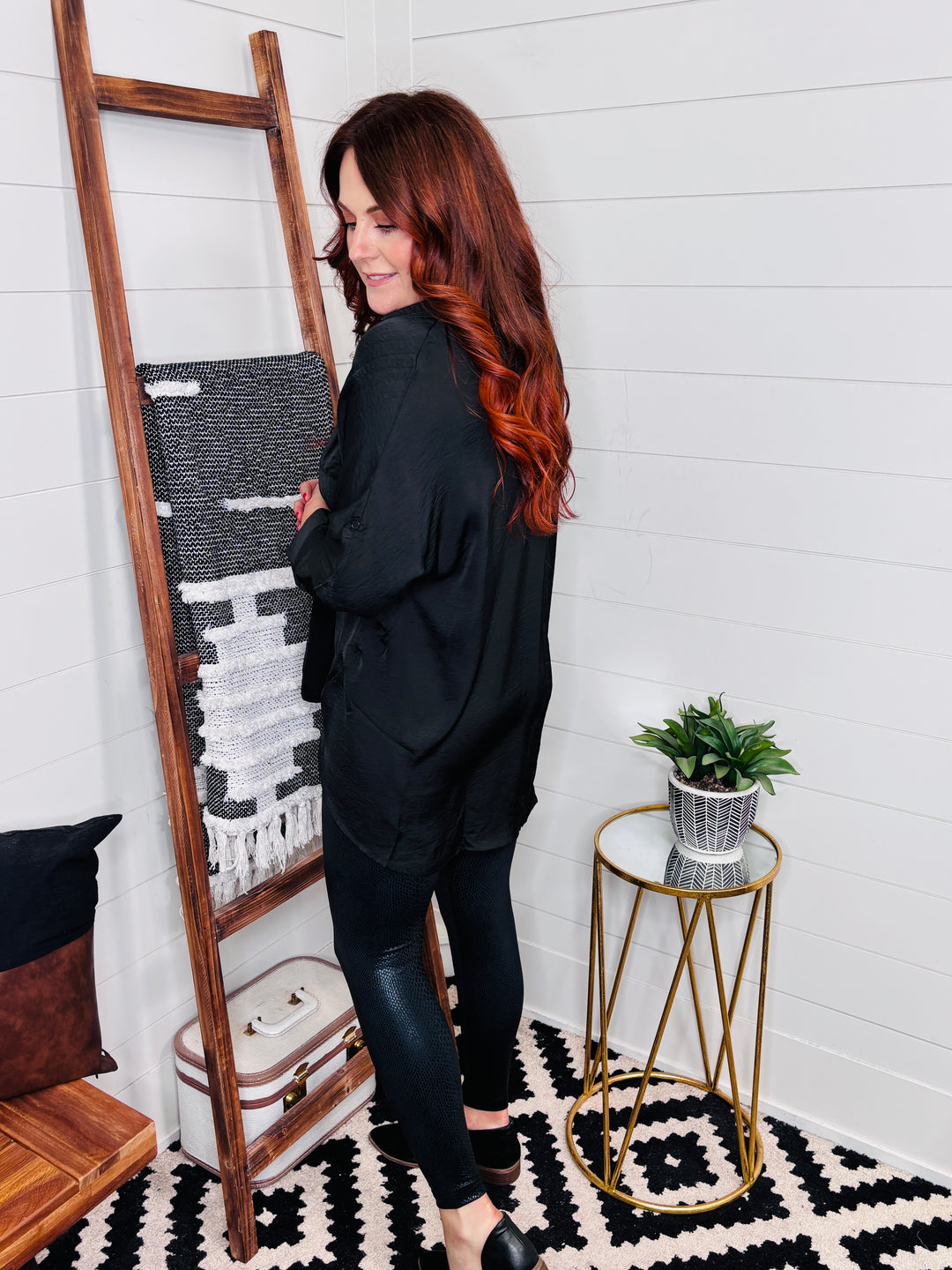 Black Satin Tunic Button Up