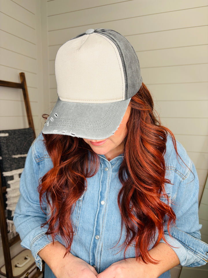 Grey Distressed Ball Cap