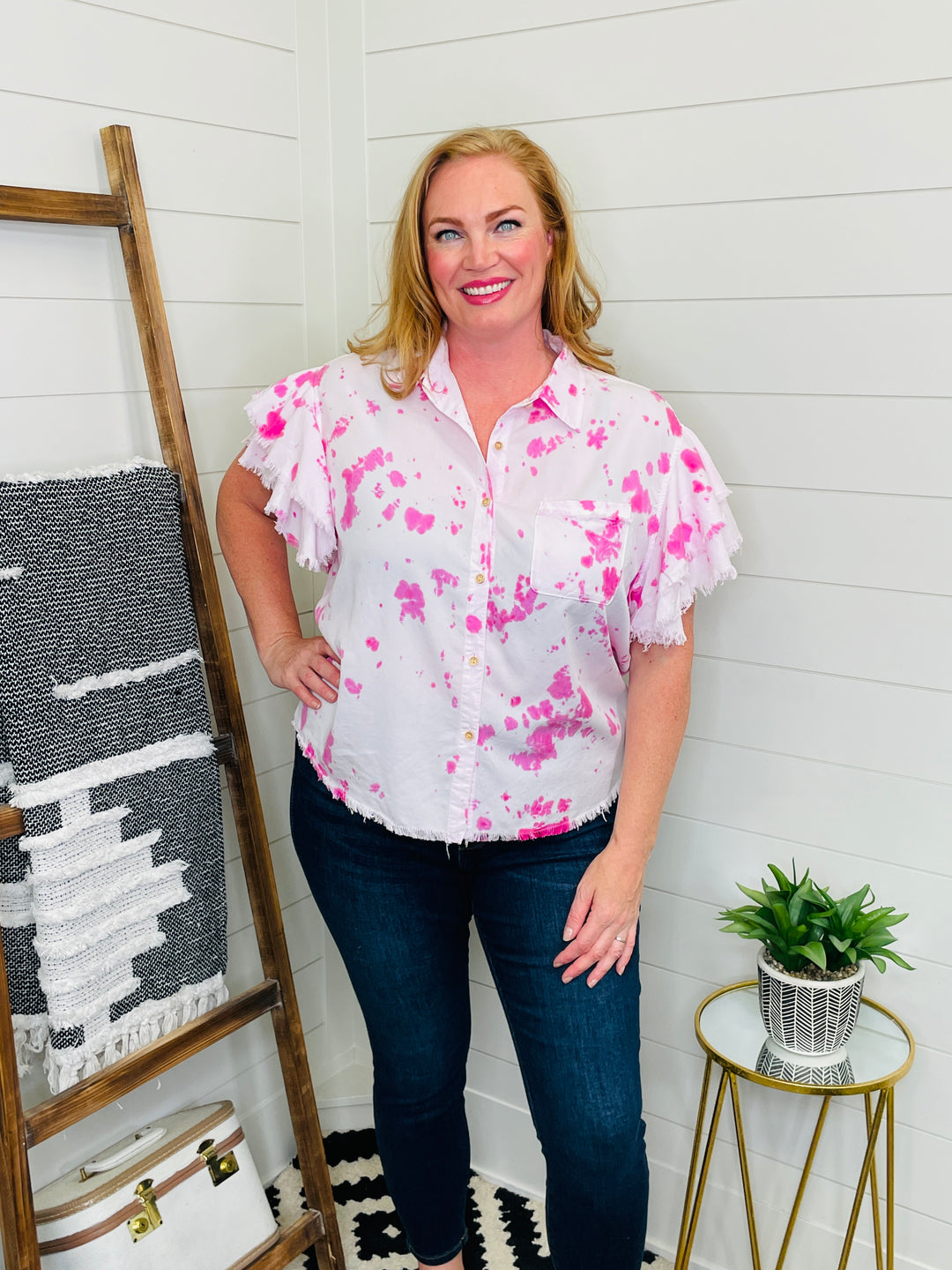 Pink Tie Dye Fray Sleeve Button Down Top