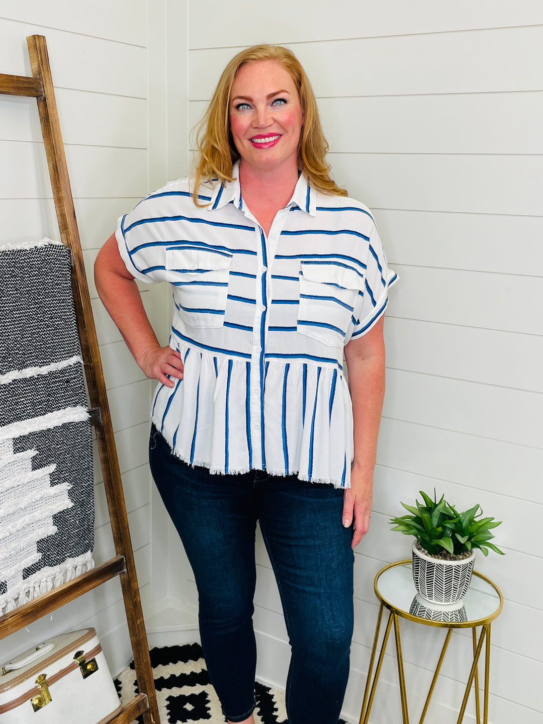 RESTOCKED! Frayed Edge Boxy Tiered Cobalt Stripe Shirt