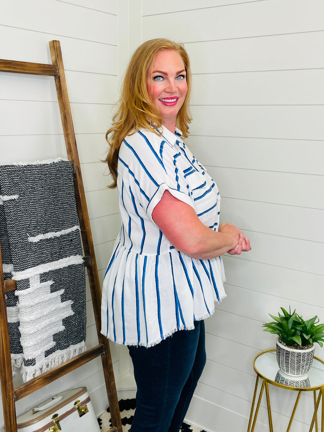 RESTOCKED! Frayed Edge Boxy Tiered Cobalt Stripe Shirt