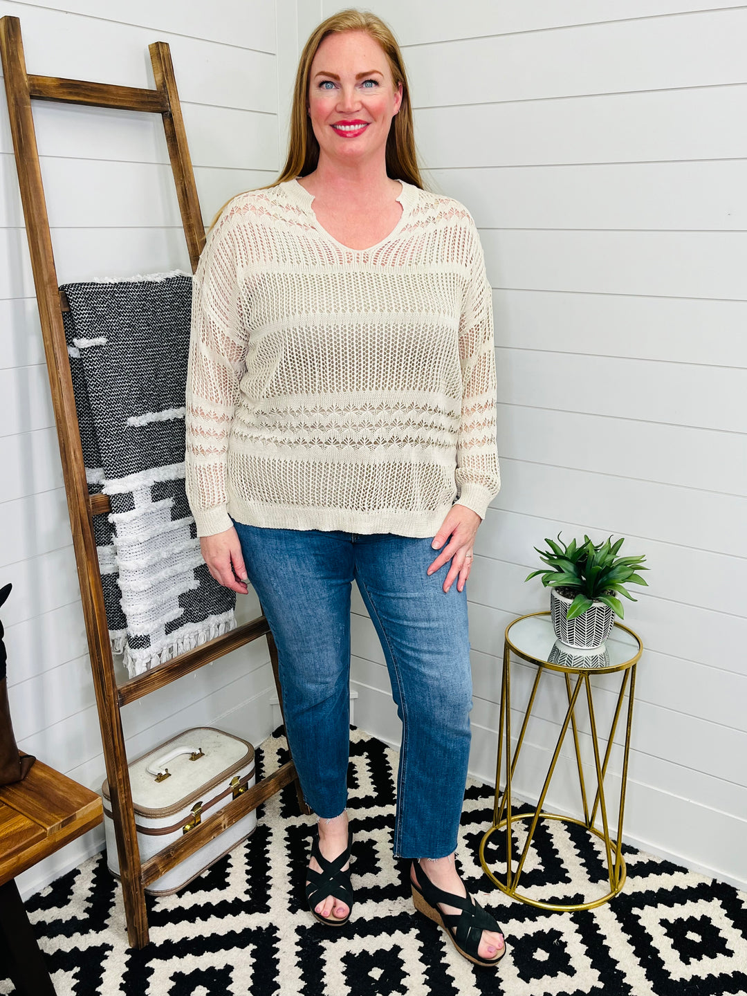Notched Cream Knit Boho Top