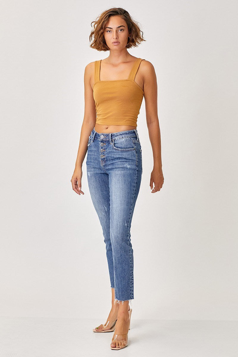 RISEN Betty Button Fly Raw Hem Skinny Straight Leg Jeans