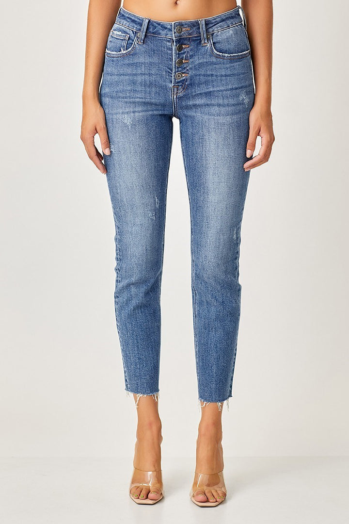 RISEN Betty Button Fly Raw Hem Skinny Straight Leg Jeans