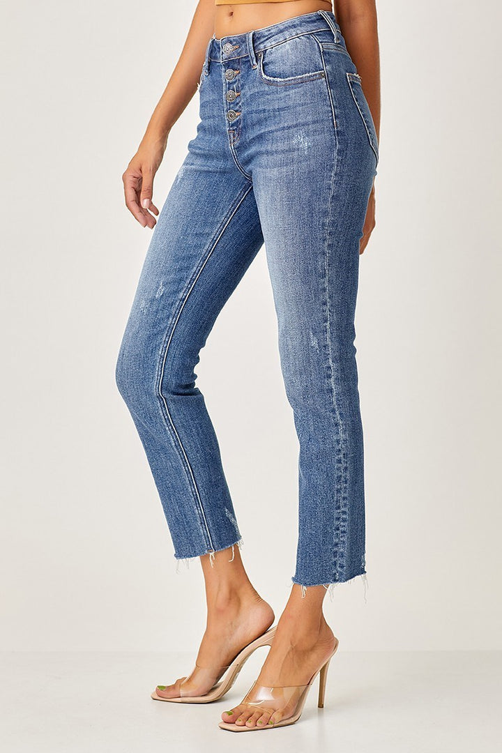 RISEN Betty Button Fly Raw Hem Skinny Straight Leg Jeans