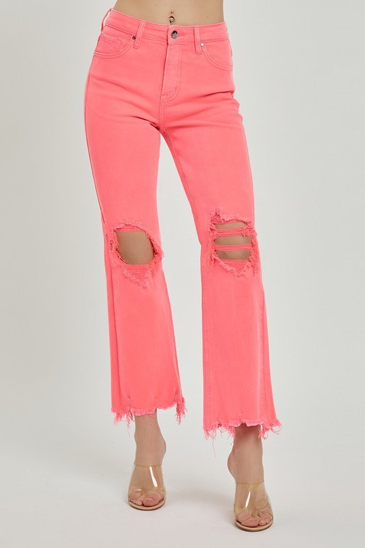 RISEN Nevie Neon Coral Distressed High Rise Straight Leg Jeans