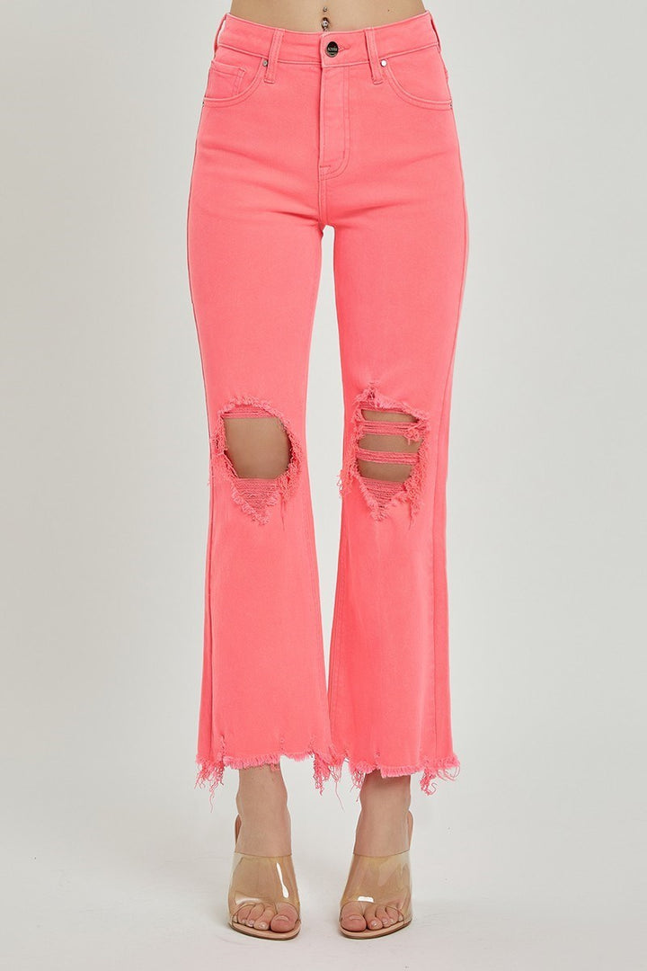 RISEN Nevie Neon Coral Distressed High Rise Straight Leg Jeans