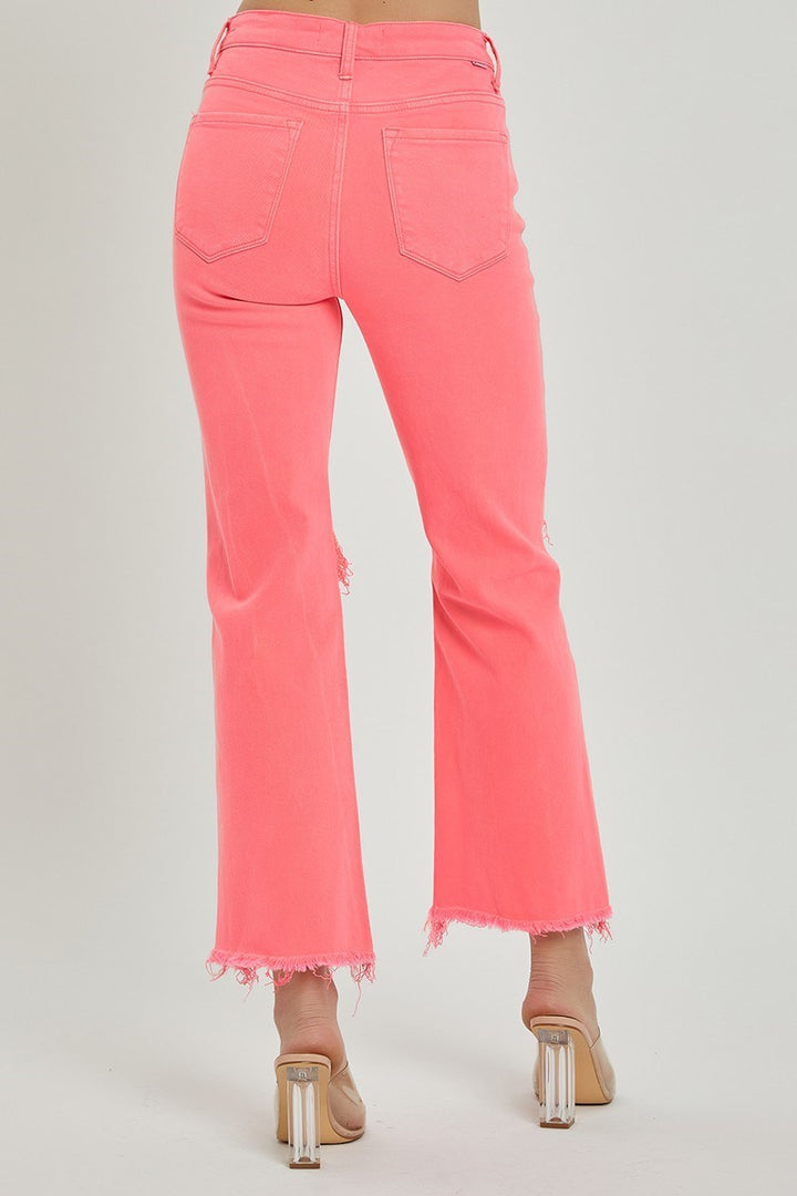 RISEN Nevie Neon Coral Distressed High Rise Straight Leg Jeans