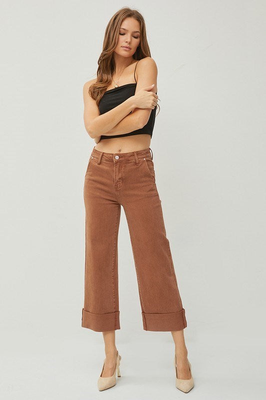 RISEN Cocoa Wide Leg Cuffed Jeans