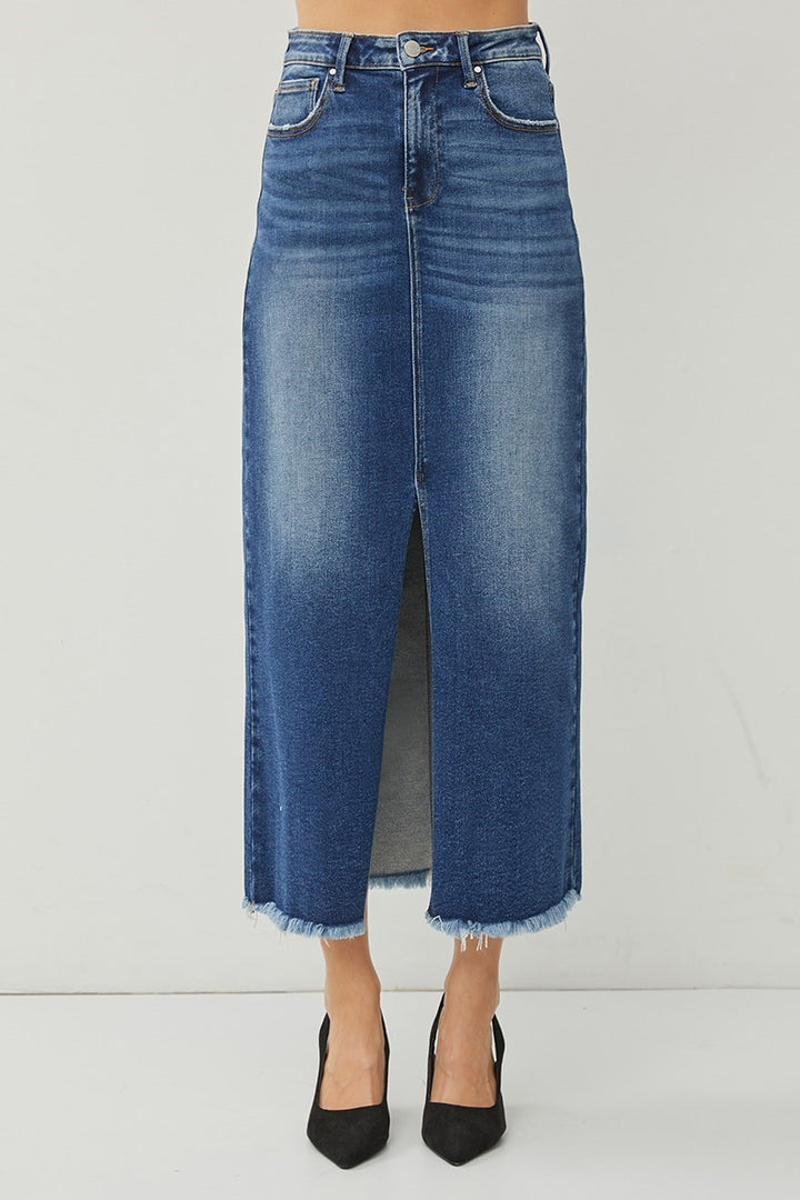 RISEN Lizzy Long Denim Front Slit Skirt