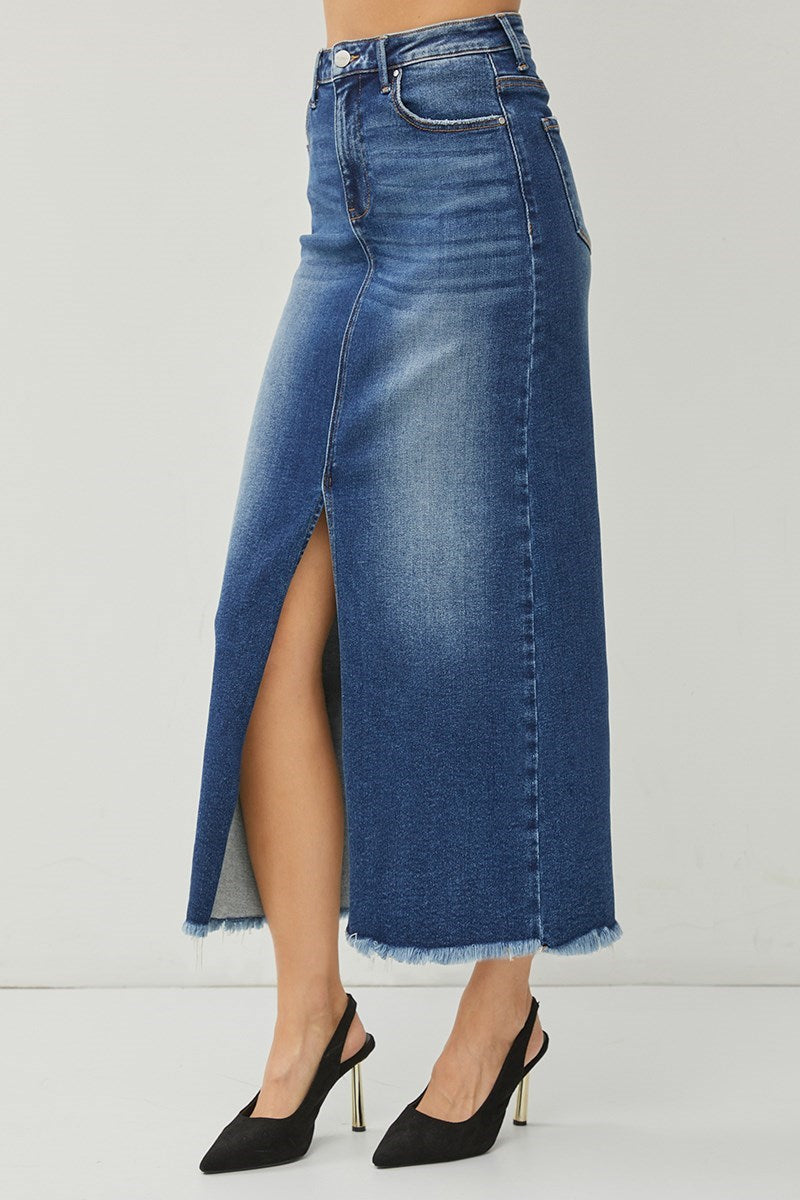 RISEN Lizzy Long Denim Front Slit Skirt