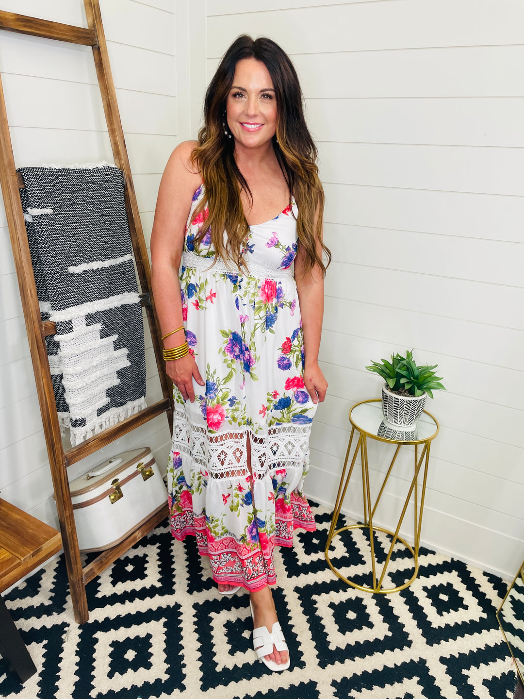 Boho Beauty Floral Maxi Dress with Buttons and Lace