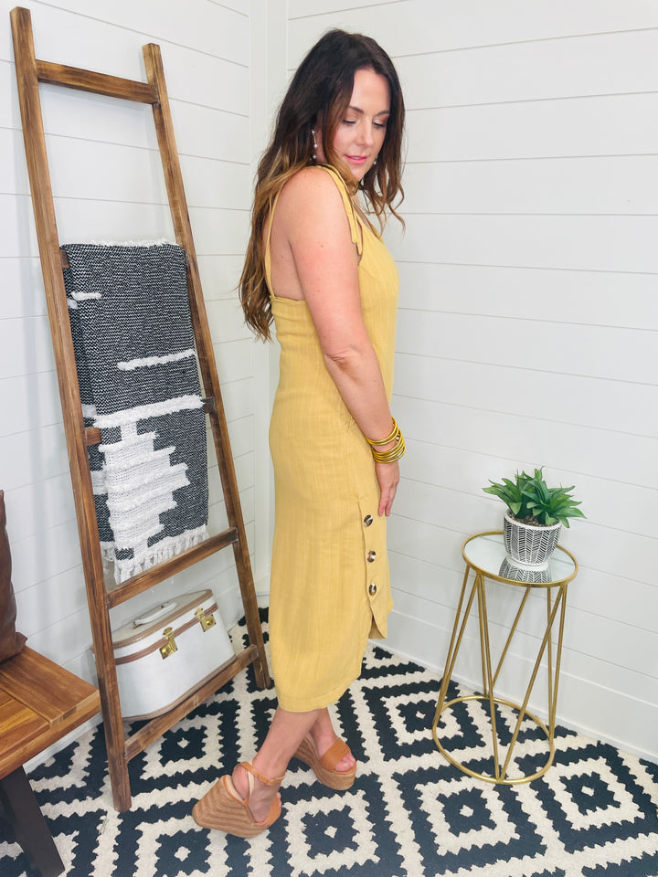 Sunshine Staple Mustard Linen Stripe Dress