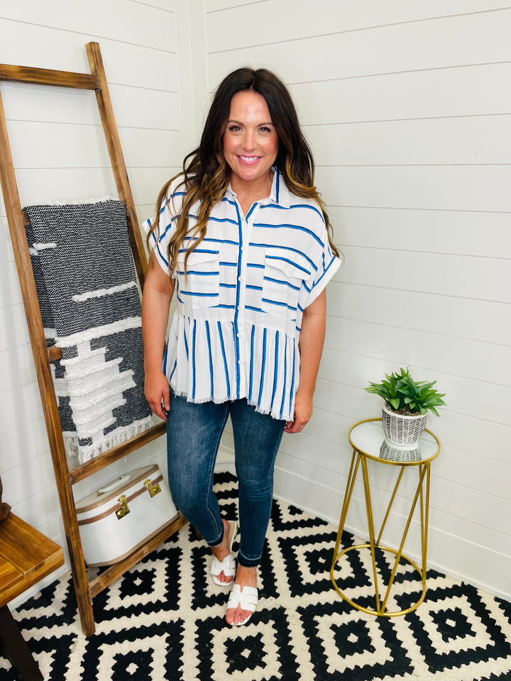 RESTOCKED! Frayed Edge Boxy Tiered Cobalt Stripe Shirt