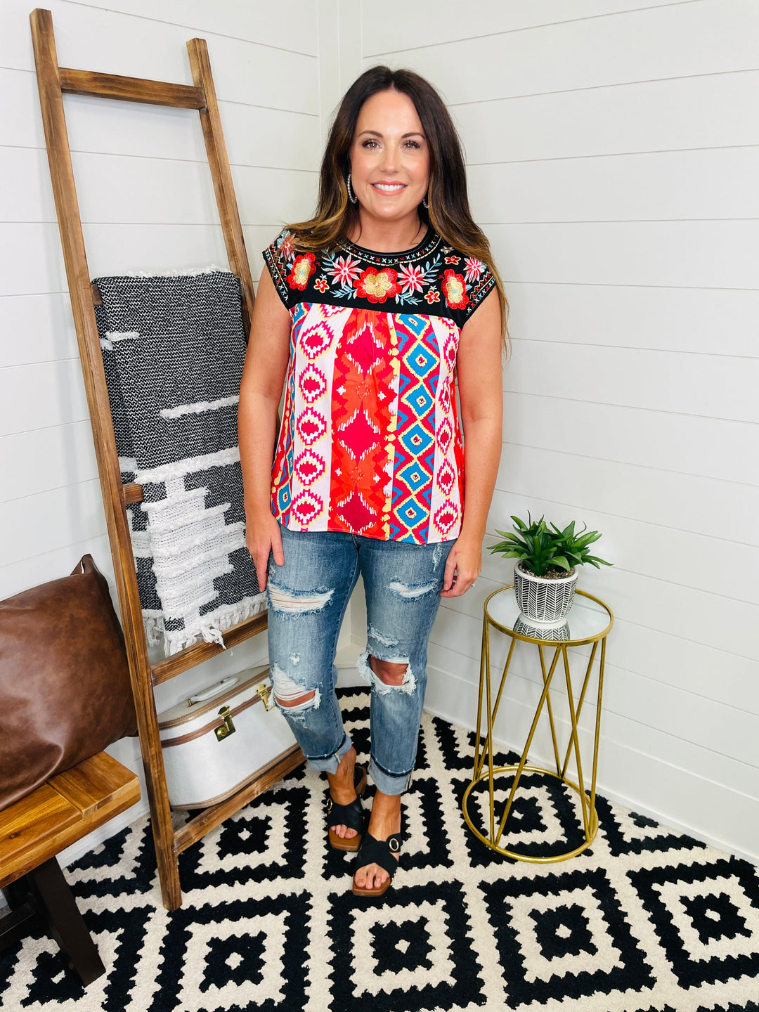 Embroidered Round Neck Aztec and Floral Top