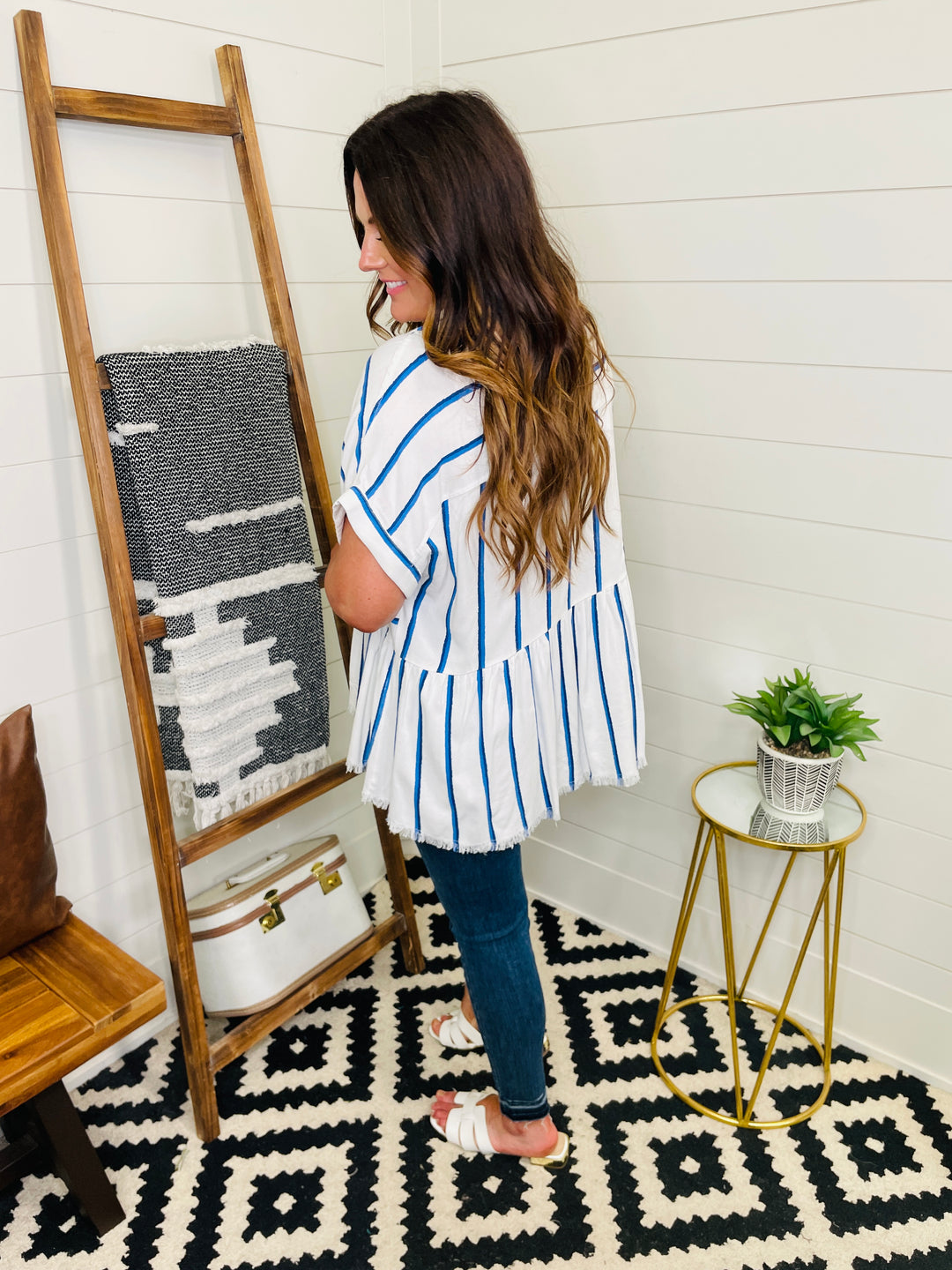 RESTOCKED! Frayed Edge Boxy Tiered Cobalt Stripe Shirt