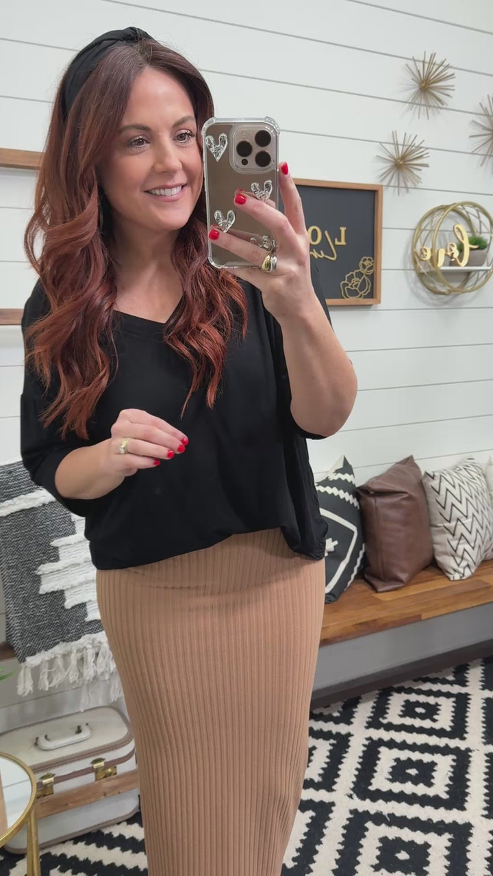 Tan Ribbed Midi Skirt