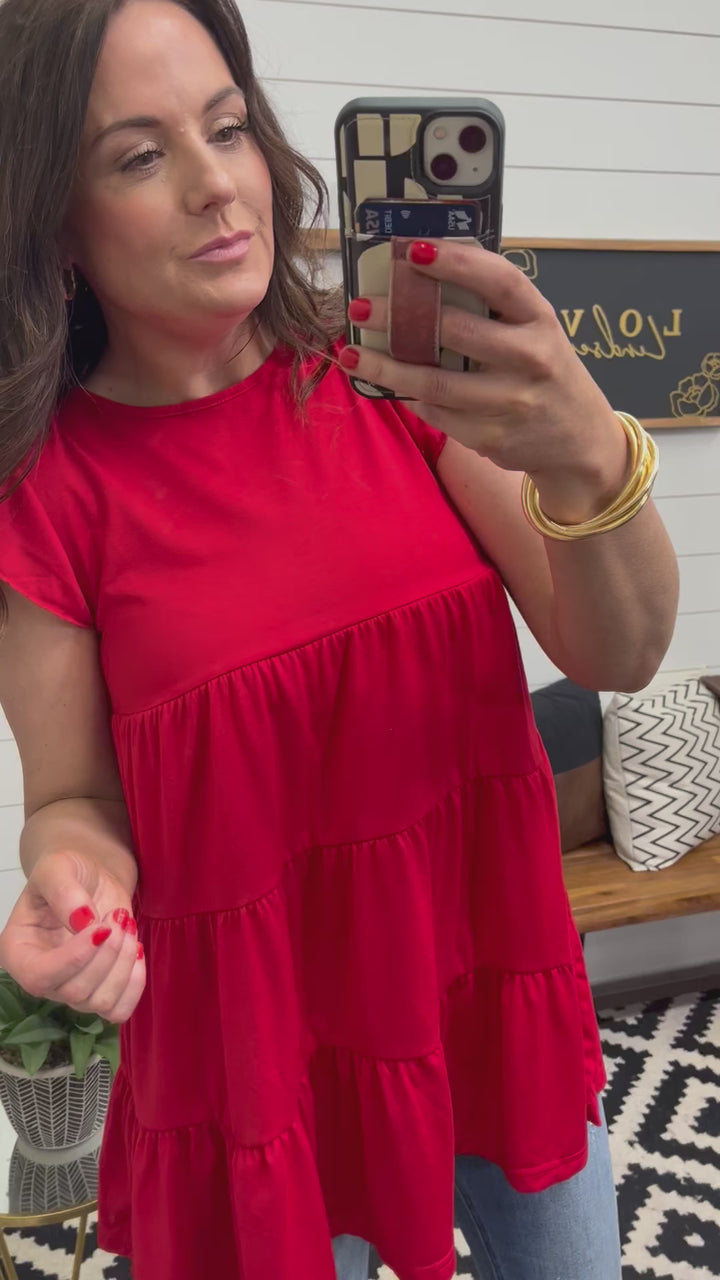Ruby Red Ruffle Cap Sleeve Tiered Tunic