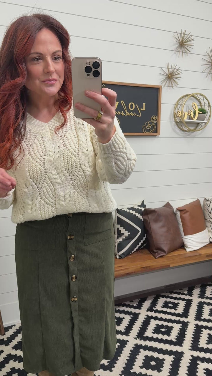 Green Corduroy Button Front Skirt