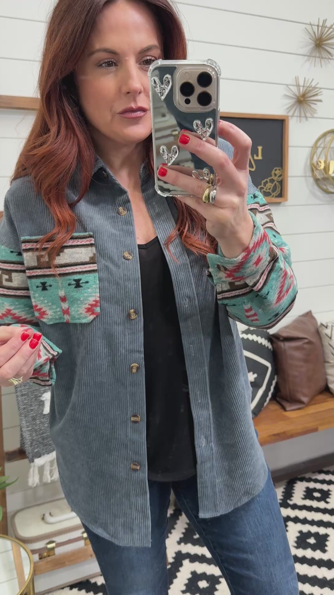 Outdoor Adventure Oversized Light Corduroy and Aztec Shacket