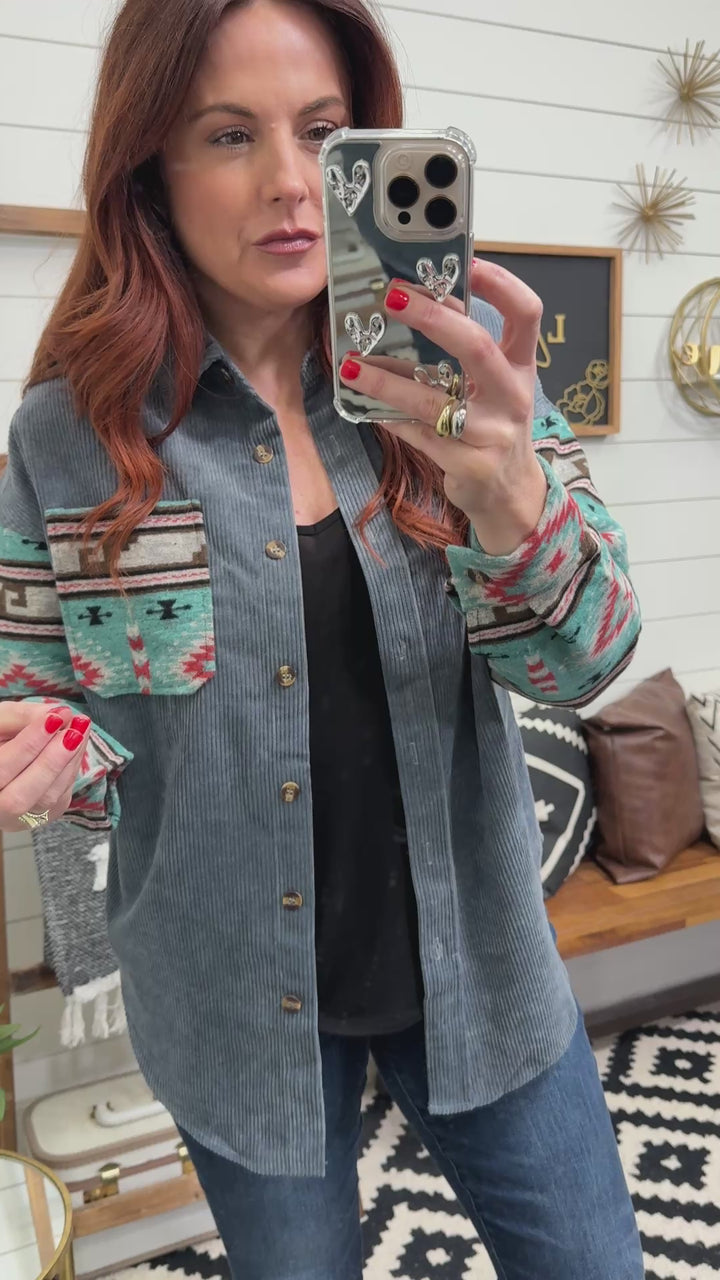 Outdoor Adventure Oversized Light Corduroy and Aztec Shacket