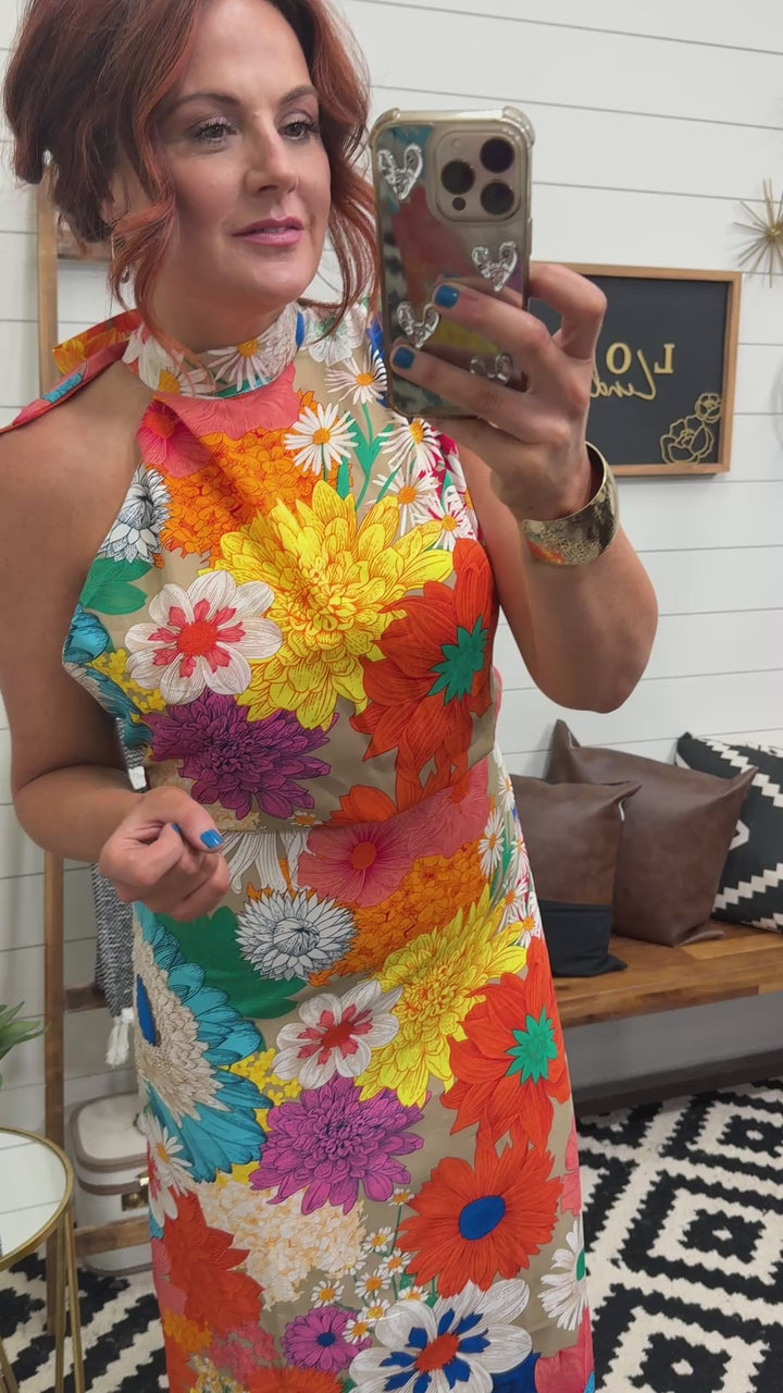 Floral Tie Back Halter Midi Dress
