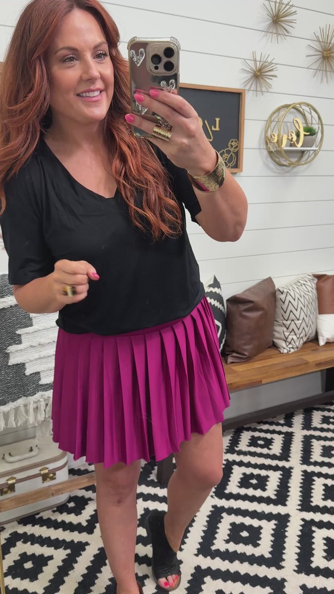 Wine Pleated Active Skirt with shorts