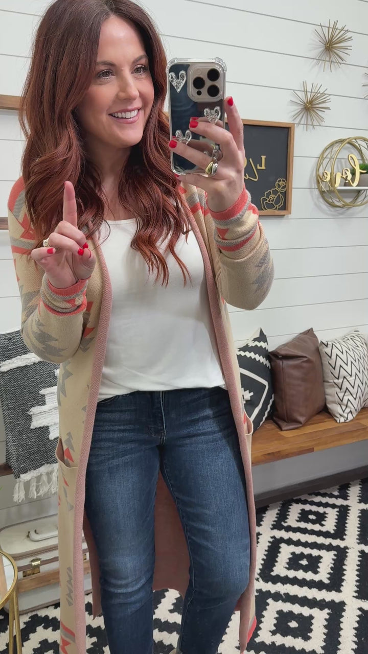 Coral Aztec Duster Cardigan