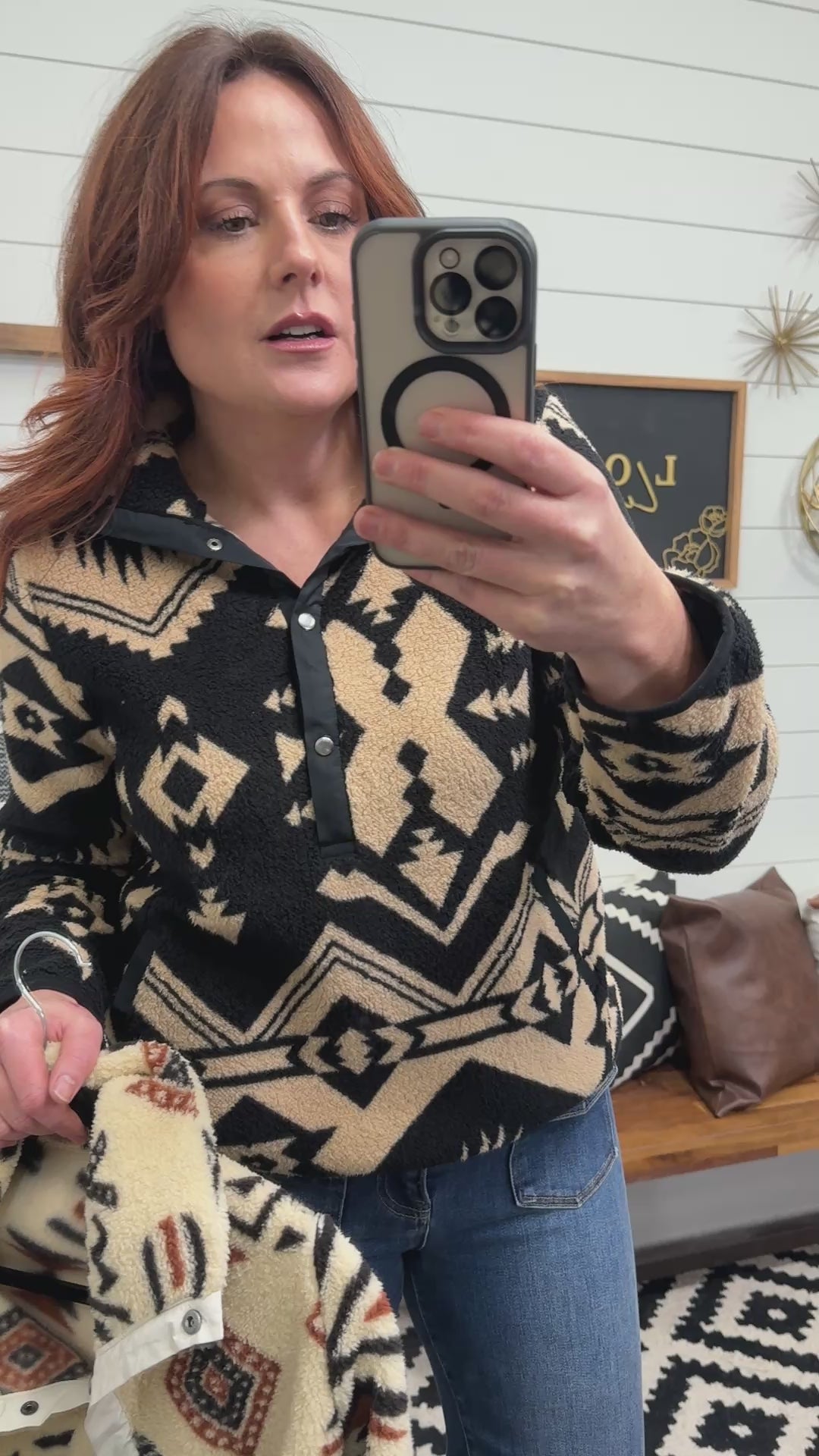 Western Aztec Half Front Snap Fleece Pullover : 2 Colors