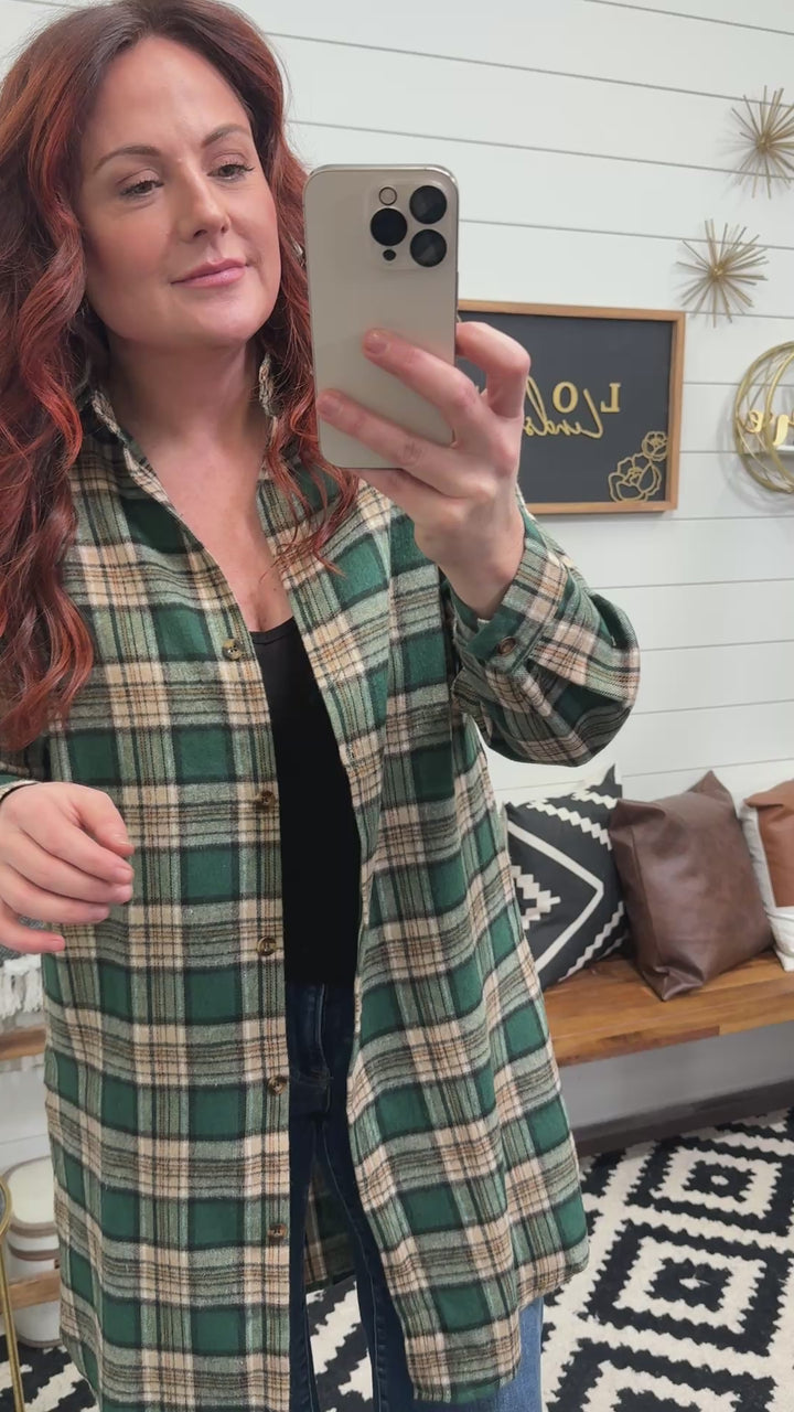 Green Plaid Longline Button Front Shirt