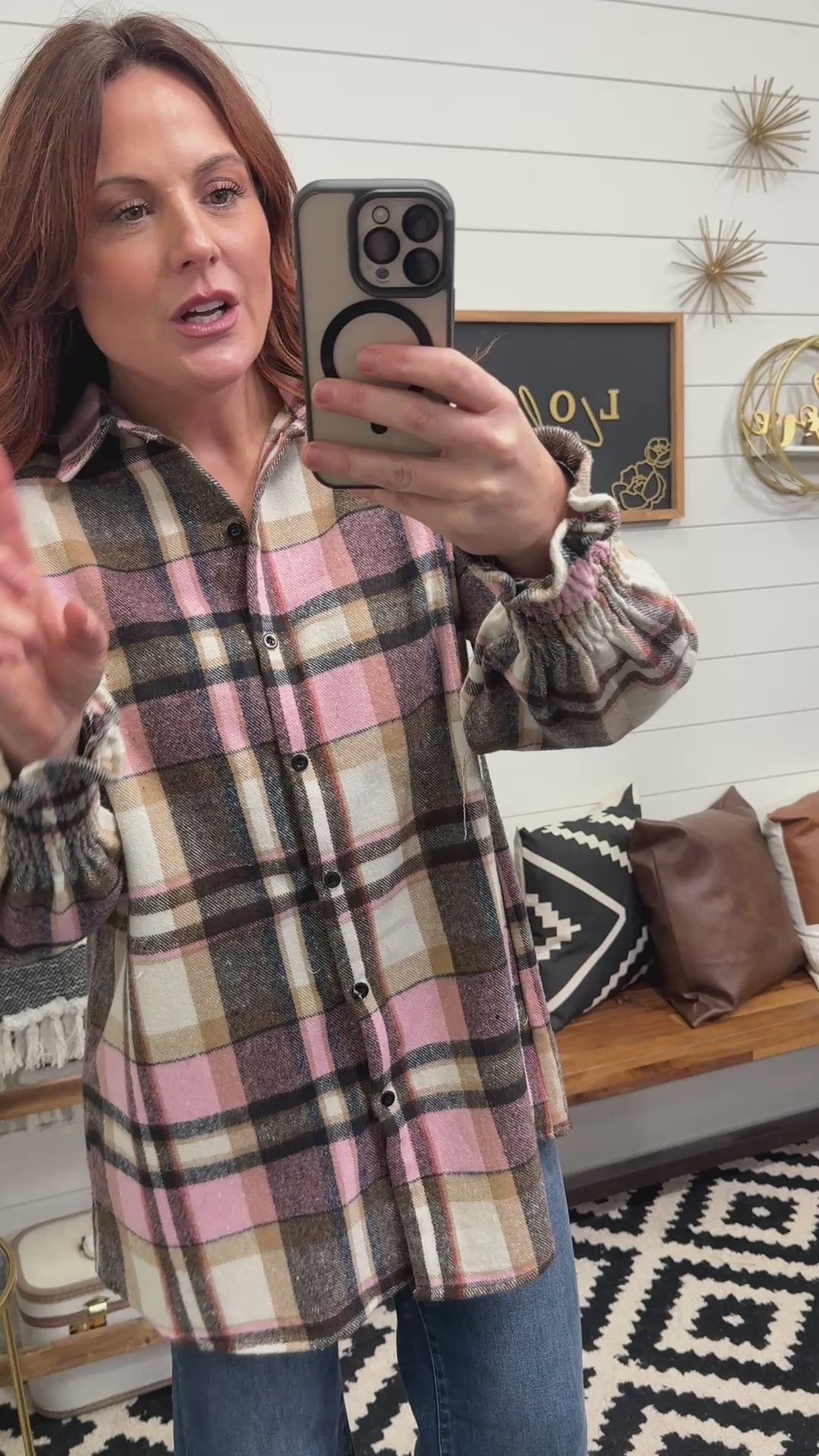 Plaid Lantern Sleeve Button Up