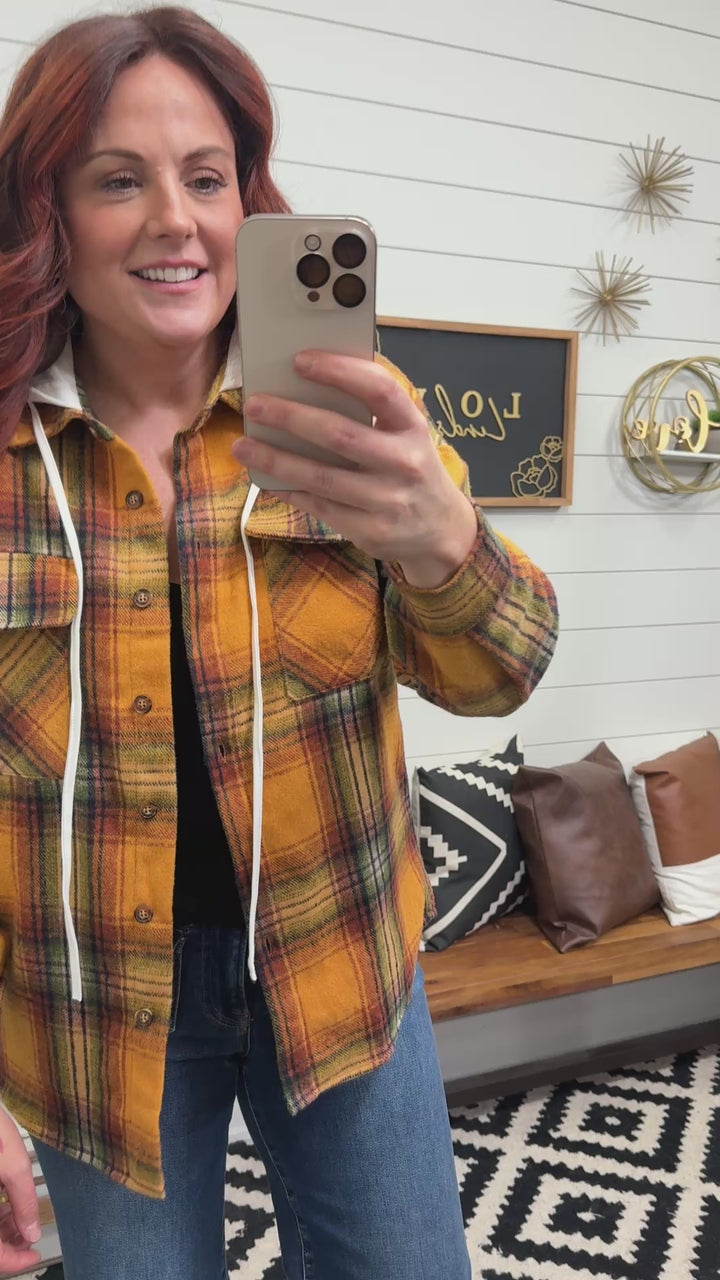 Drawstring Plaid Hooded Shacket