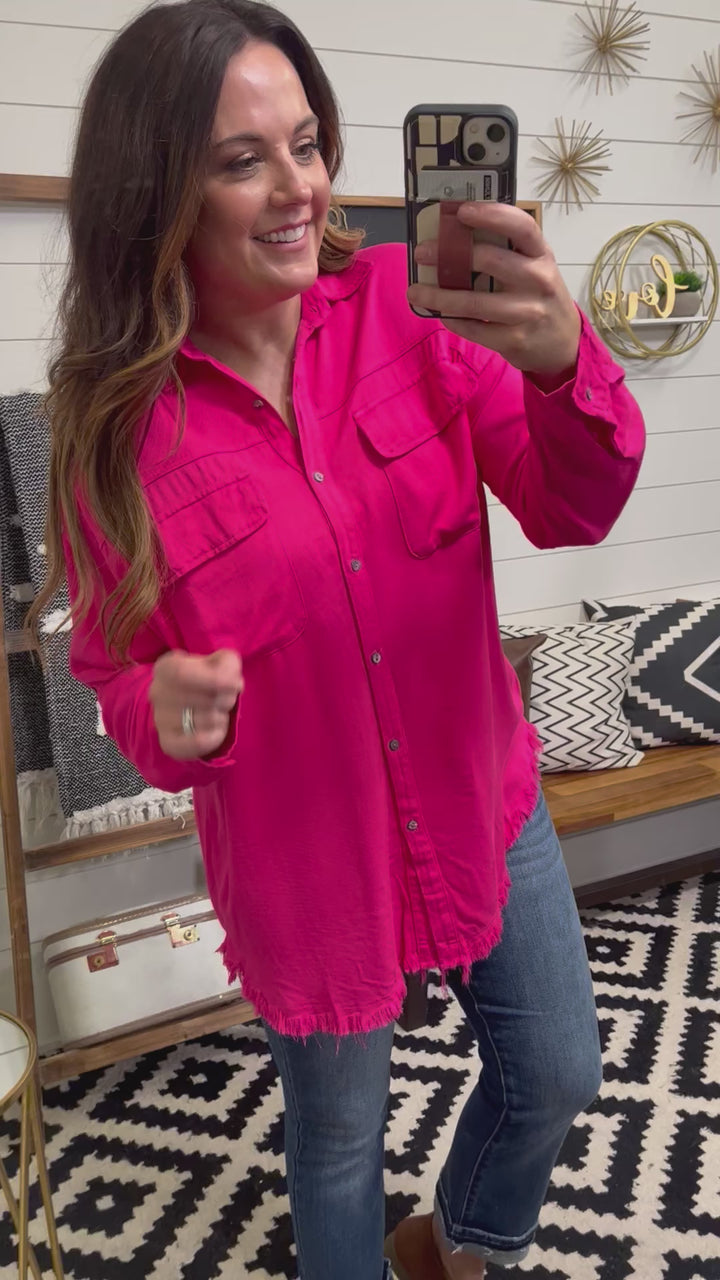 Hot Pink Fringe Trim Button Up Tunic