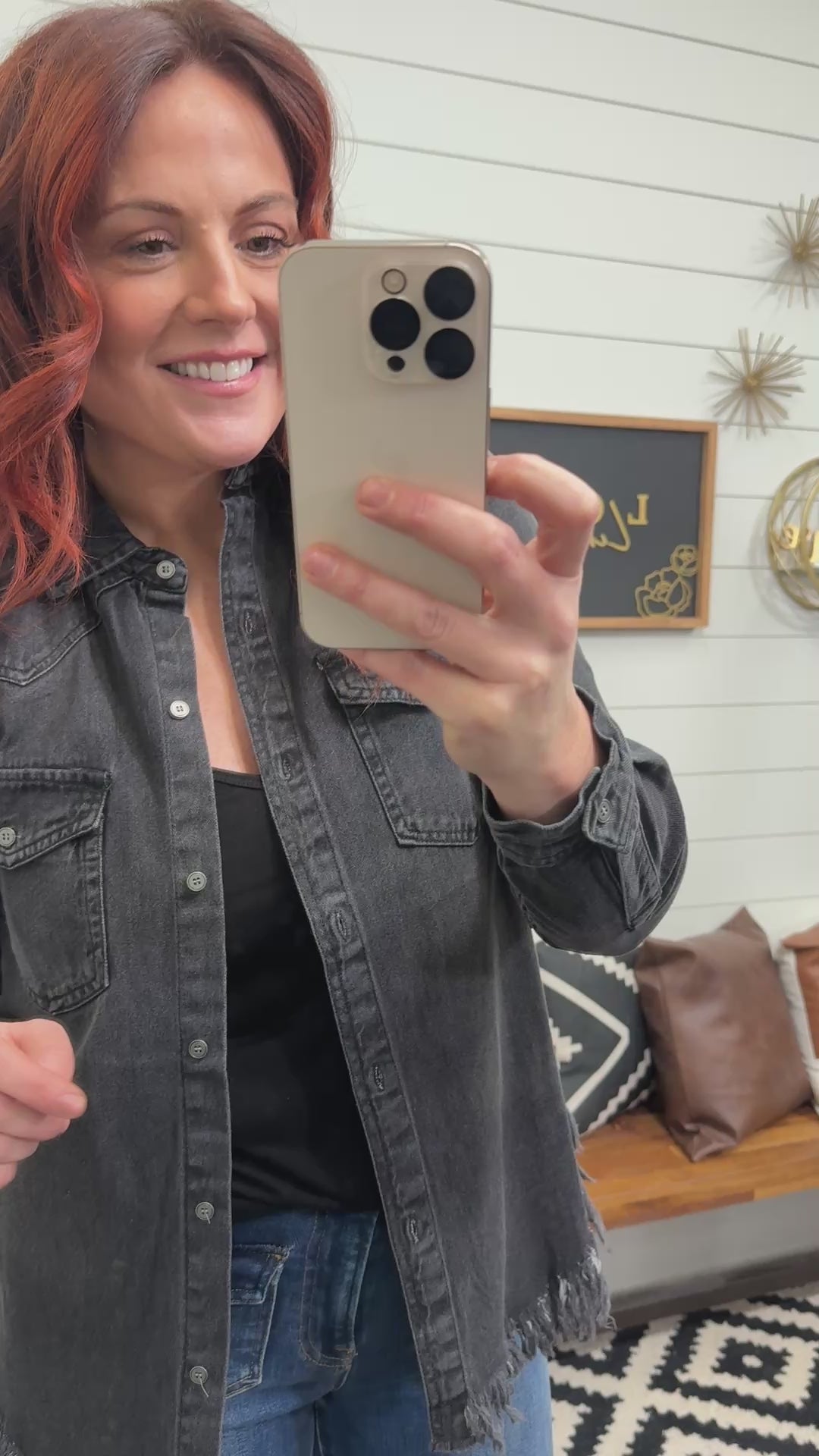 RISEN Frayed Hem Charcoal Denim Shirt