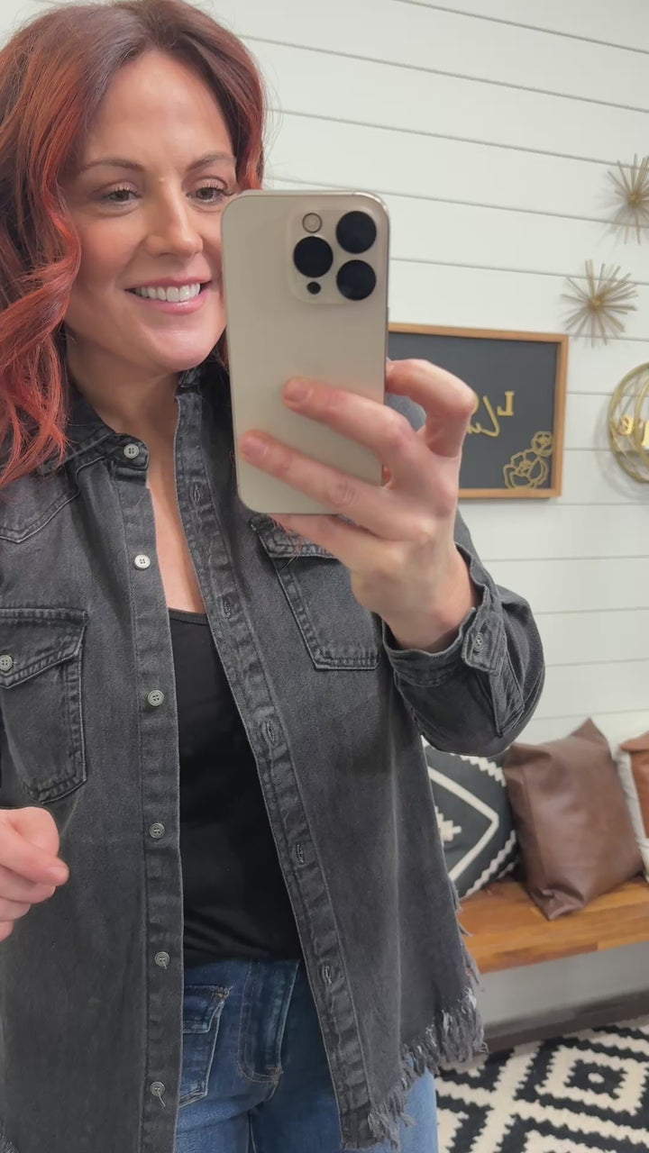 RISEN Frayed Hem Charcoal Denim Shirt