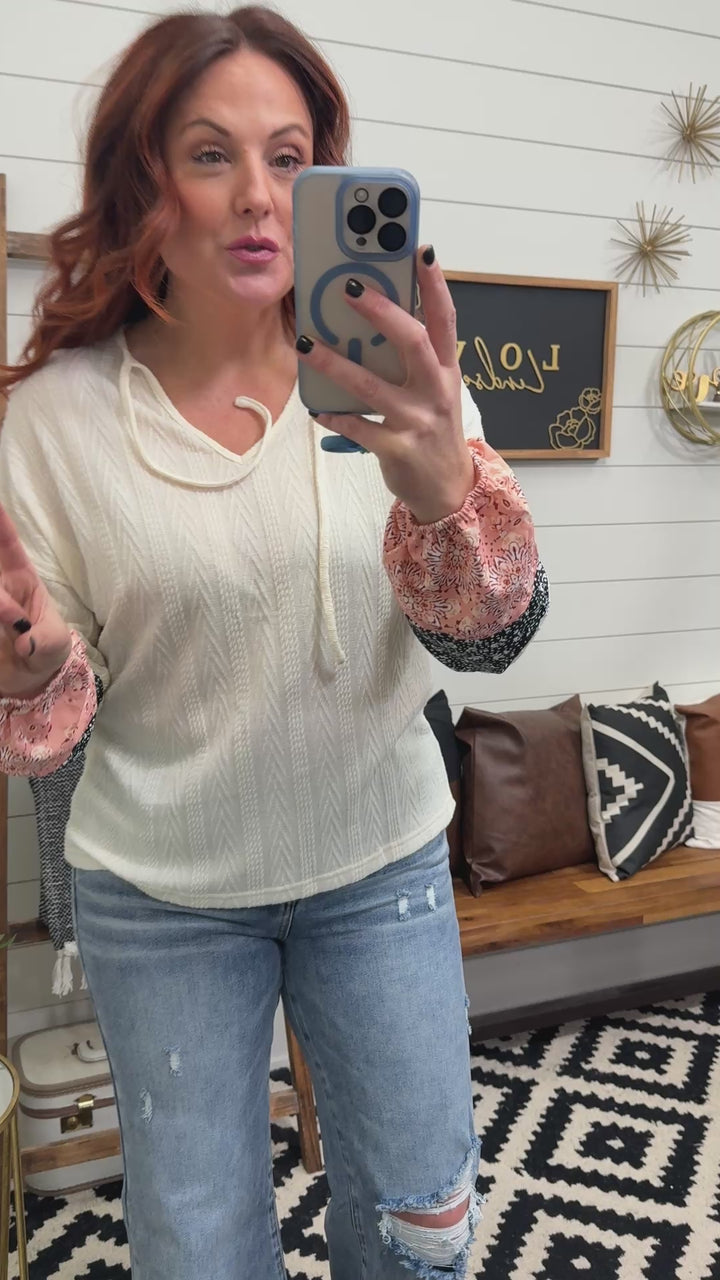 Patchwork Tie Neck Long Sleeve Top