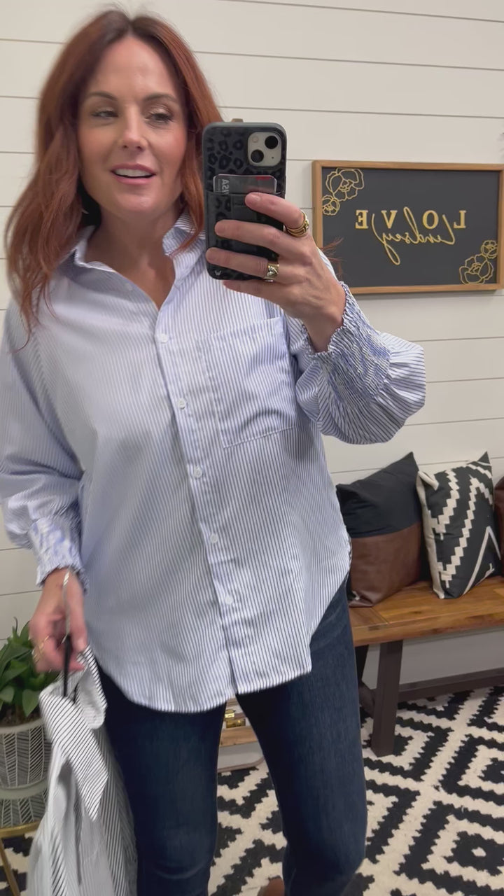 All Business Striped Lantern Sleeve Collared Shirt : 2 Colors