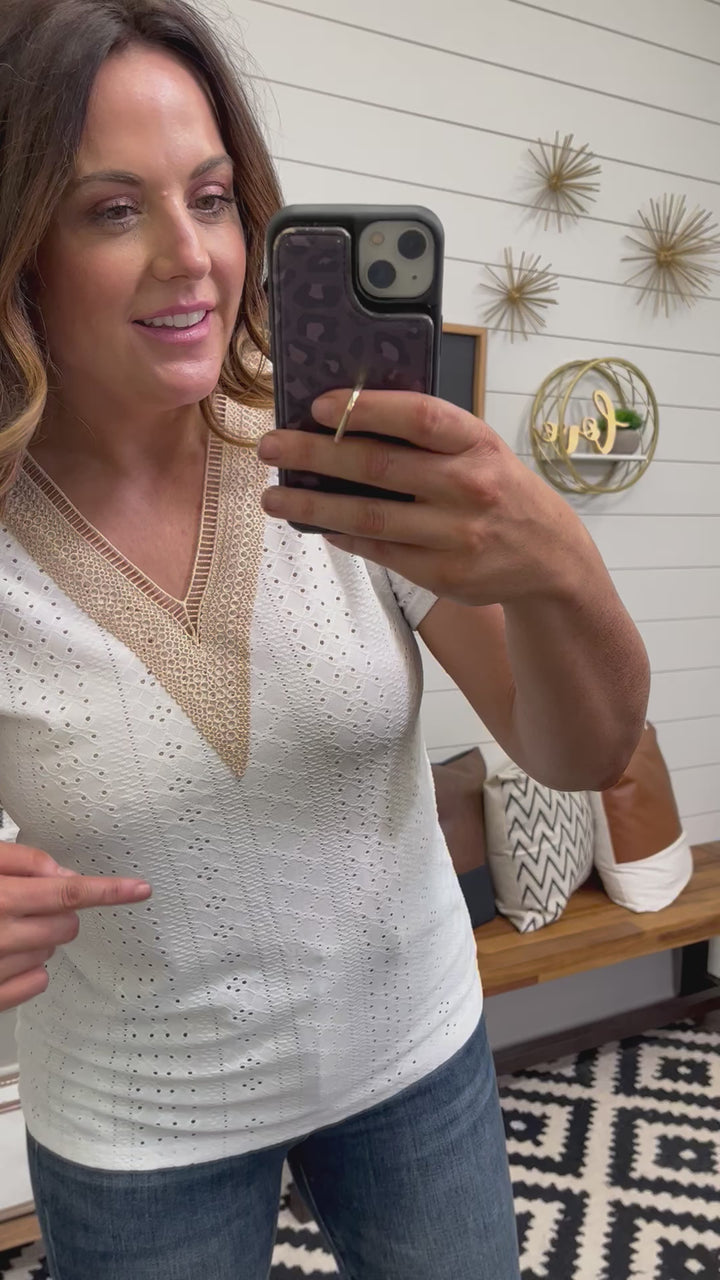 Eyelet Contrast V-Neck Tee