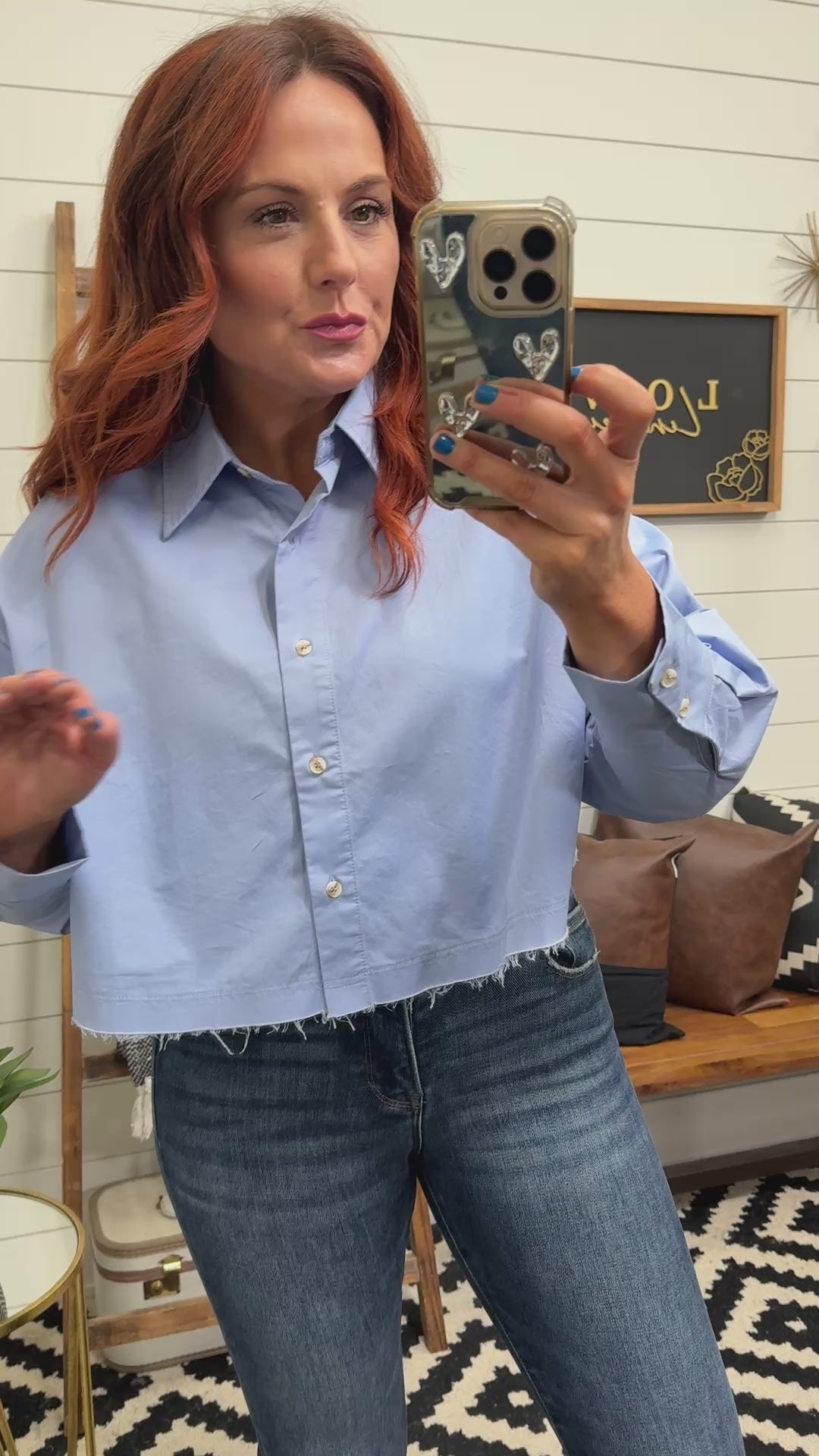 Cropped Frayed Edge Button Up
